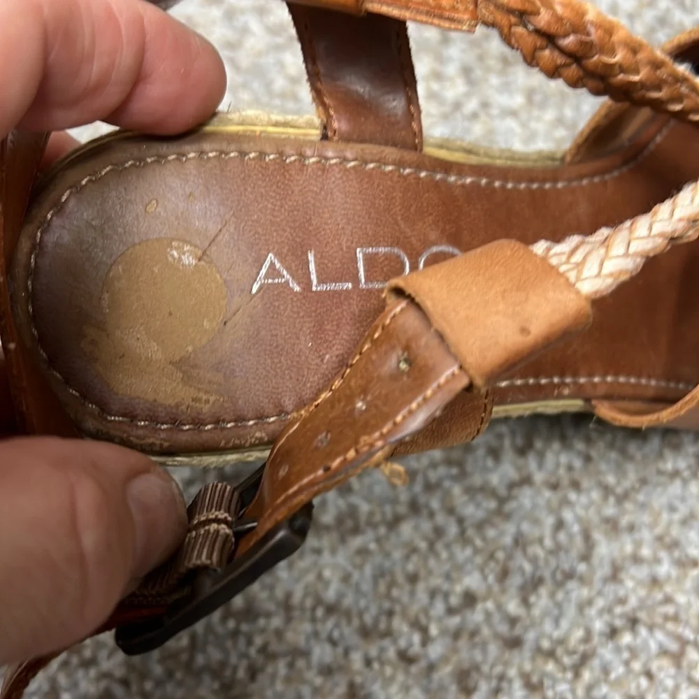Aldo Tan Cognac Braided Vegan Leather Crisscross Keyhole Wedge Size 38 US 7.5